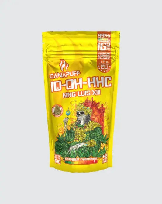 Canapuff 10-OH-HHC King Luis XIII – gelbe Verpackung mit auffälligem Design, Premium Cannabisblüten mit 99 % 10-OH-HHC, starkes Cannabinoid ohne THC.