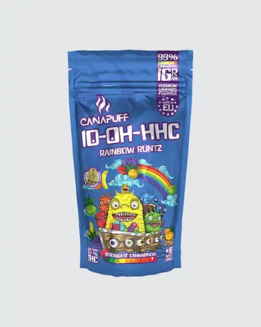 10-OH-HHC Rainbow Runtz, Verpackung mit Premium Cannabisblüten, 99 % reines Cannabinoid, ohne THC
