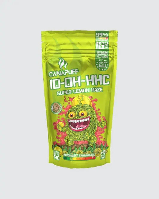 Canapuff 10-OH-HHC Super Lemon Haze – leuchtend grüne Verpackung mit 99 % reinem Cannabinoid, Premium Cannabisblüten ohne THC, intensives Zitronenaroma.