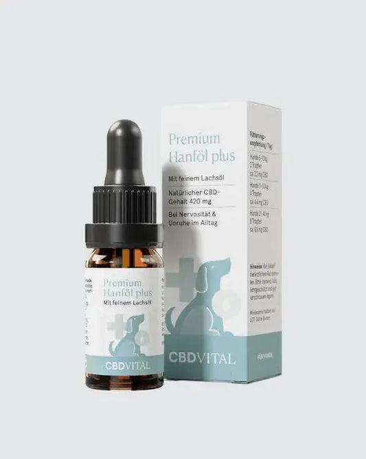 CBD VITAL Premium Hanföl plus für Hunde – CBD-Öl mit feinem Lachsöl, 420 mg CBD in 10 ml Flasche.