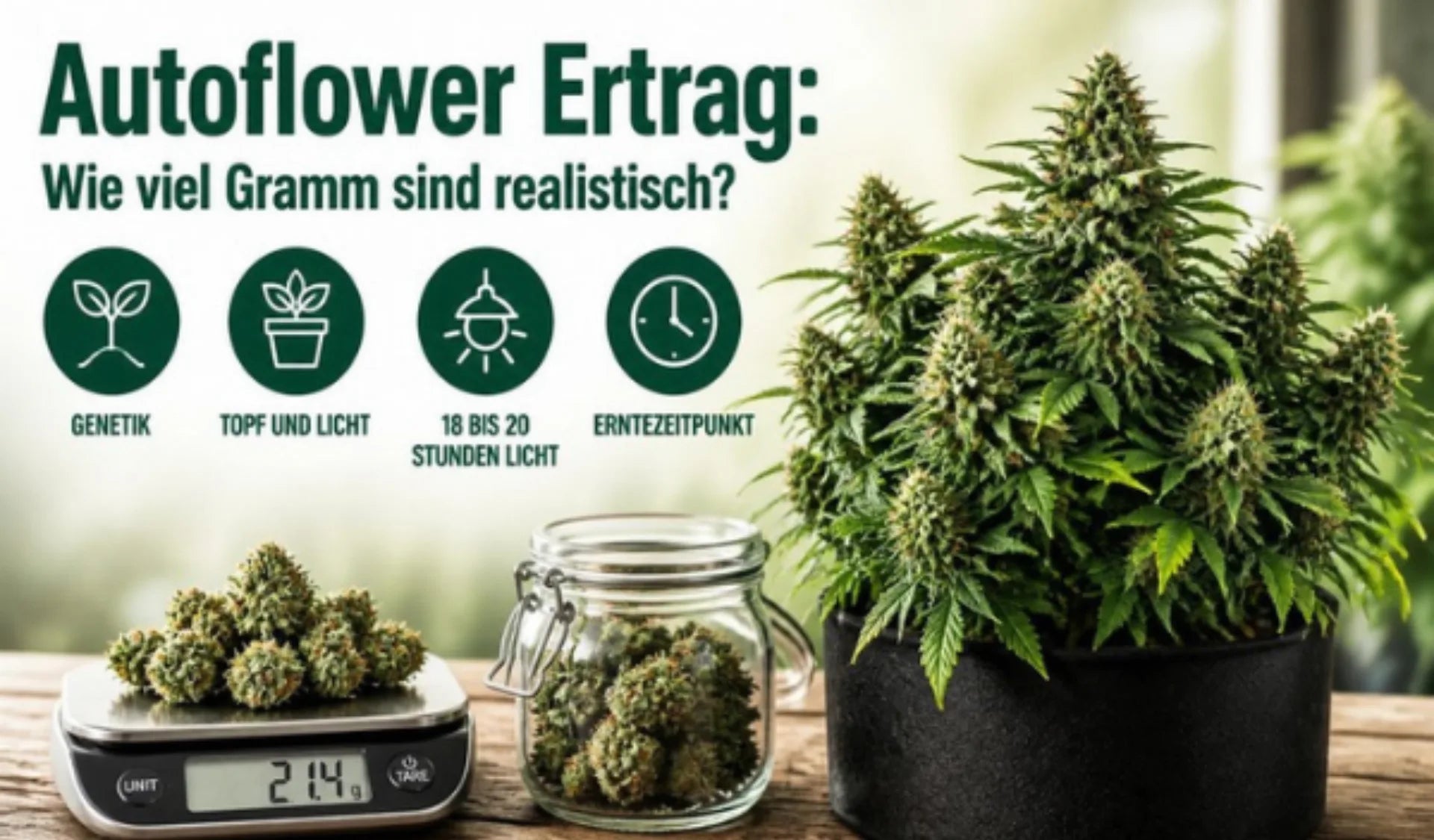 Autoflower Ertrag: Wie viel Gramm sind realistisch? Infografik mit Autoflower-Pflanze und Waage