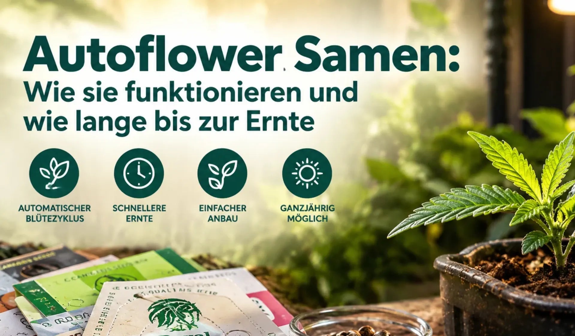 Autoflower Samen: Keimling im Topf, Samen in Glasschale und Samentüten mit Icons zu Blütezyklus, Ernte und Anbau