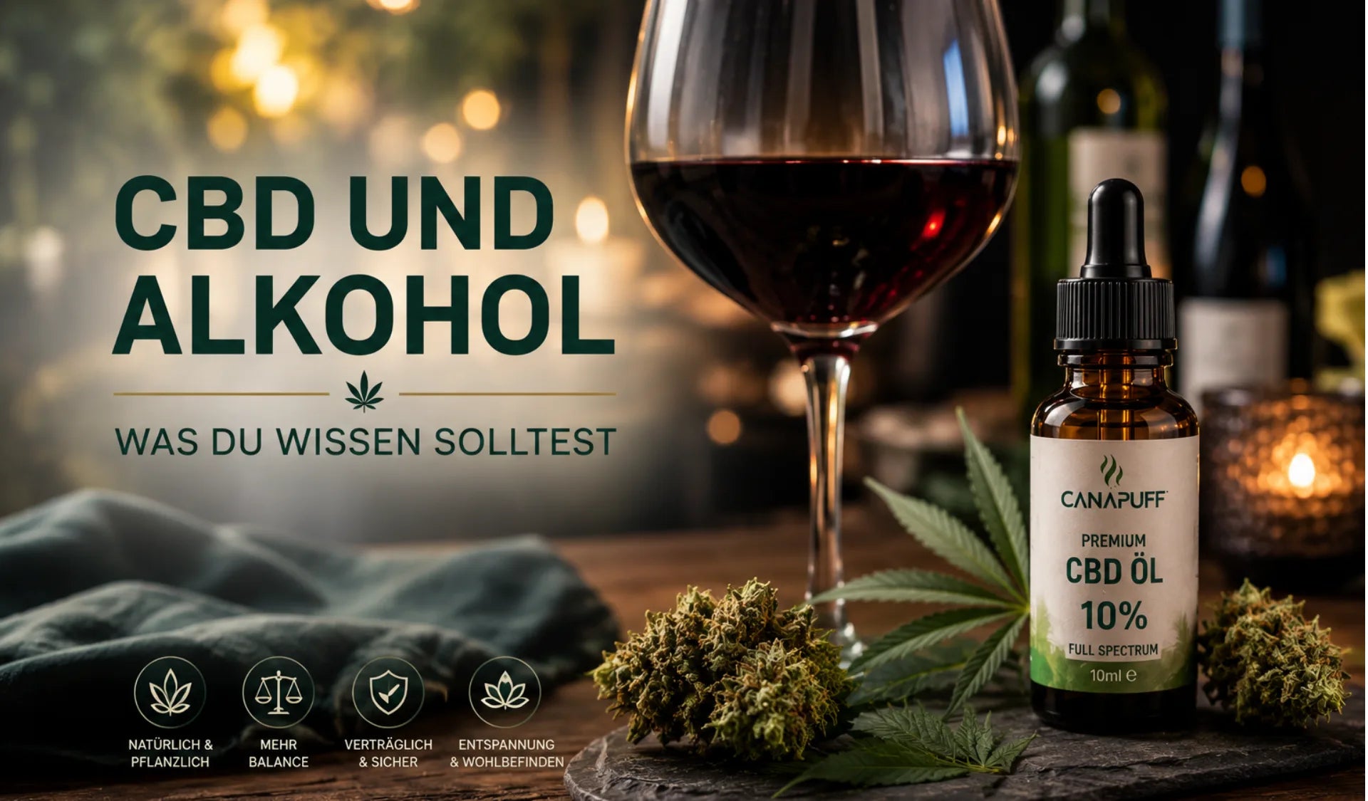 CBD und Alkohol - CBD Öl mit Weinglas oder Hanfblüte Foto