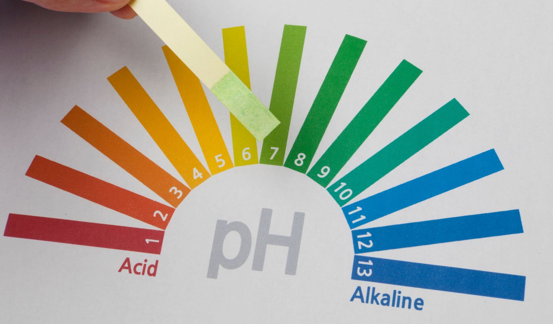 pH-Teststreifen zur Messung des pH-Werts, der auf einem Farbschema zwischen sauer (rot) und basisch (blau) liegt, mit einem Messwert von etwa 6,5 für leicht saure Bedingungen.