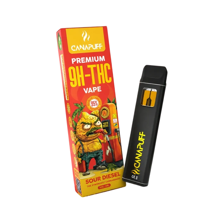 9H-THC Vape Sour Diesel 95% von Canapuff, Verpackung und Einweg-Vape 1 ml