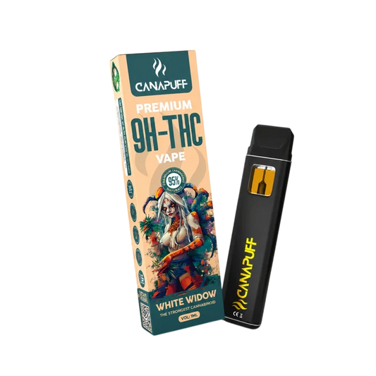 9H-THC Vape White Widow 95% von Canapuff, Verpackung und Einweg-Vape 1 ml