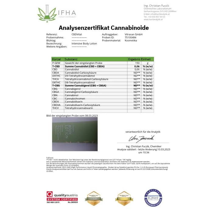 Analysenzertifikat Cannabinoide Intensive Body Lotion von IFHA für CBD Vital