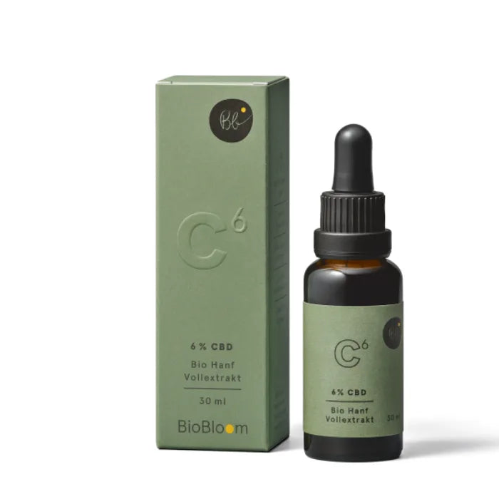 BioBloom Bio CBD Öl 6% Hanf-Vollextrakt, 30-ml-Glasflasche mit Pipette und grüner Faltschachtel