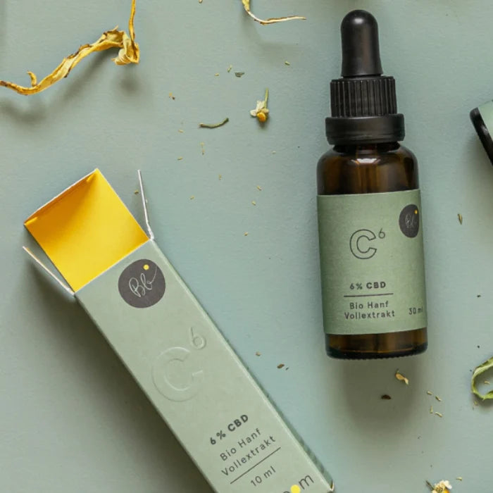 BioBloom Bio CBD Öl 6% Flasche neben geöffneter Faltschachtel mit gelbem Innenteil und getrockneten Blütenblättern