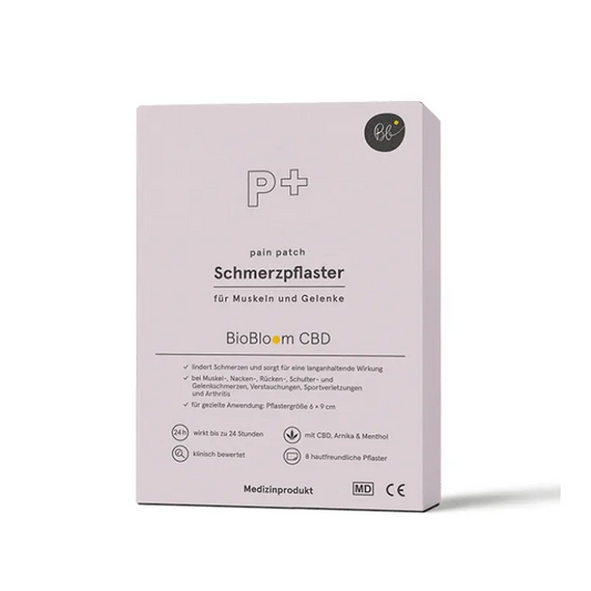 BioBloom CBD Pflaster mit CBD, Arnika und Menthol, rosa Faltschachtel mit 8 Pflastern im Format 6 x 9 cm