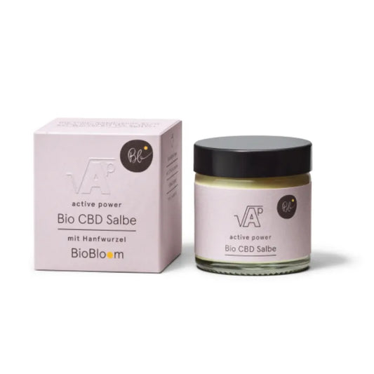 BioBloom Bio CBD Salbe active power mit Hanfwurzel, Glastiegel mit schwarzem Deckel neben der rosa Faltschachtel