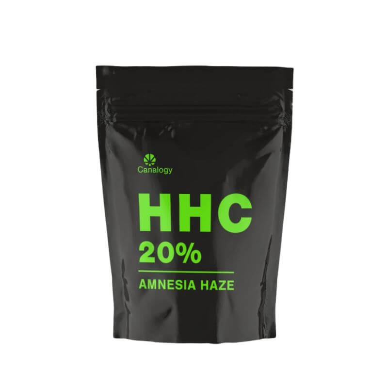 Canalogy Schwarze Verpackung mit HHC 20% Amnesia Haze Aufdruck in neongrüner Schrift