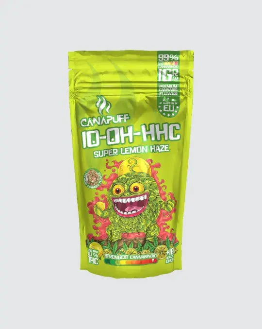 Canapuff 10-OH-HHC Super Lemon Haze – leuchtend grüne Verpackung mit 99 % reinem Cannabinoid, Premium Cannabisblüten ohne THC, intensives Zitronenaroma.