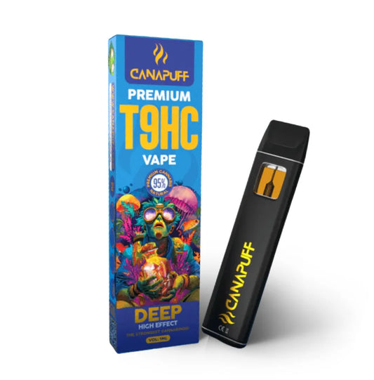 Canapuff T9HC Vape Deep 95% 1ml – Einweg-Vaporizer und blaue Verpackung mit psychedelischem Artwork