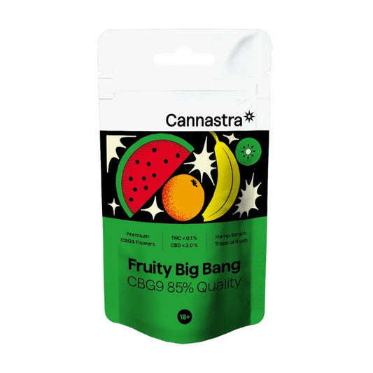 Cannastra Fruity Big Bang CBG9 Blüten 85% Quality Verpackung Vorderseite mit Wassermelone, Orange und Banane
