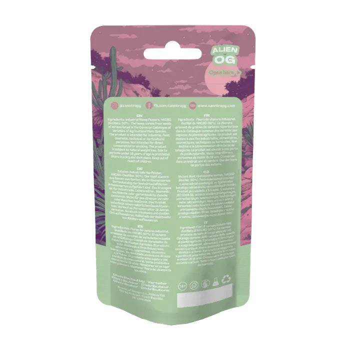 Canntropy H4CBD Blüten Alien OG, Rückseite der Packung mit Zutaten und Vertriebsangaben