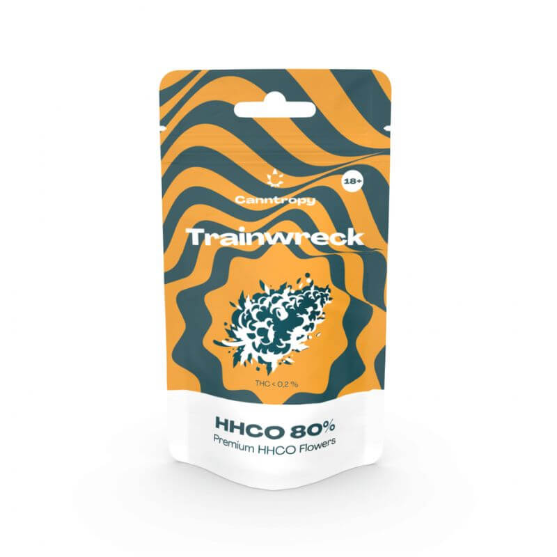 Canntropy Trainwreck Premium HHCO Blumen mit 80% HHCO, Verpackung mit Wellenmuster und Cannabisblüten-Design Front Ansicht