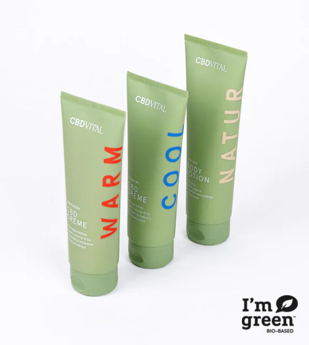 CBDVITAL Hautpflege-Serie mit WARM, COOL, und NATUR CBD Cremes, nachhaltige Bio-basierte Hautpflegeprodukte