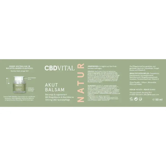 Etikett des CBD Vital Akutbalsam mit 300 mg CBD, Inhaltsstoffliste, Anwendungshinweis und Erklärung zum nachfüllbaren Glastiegel