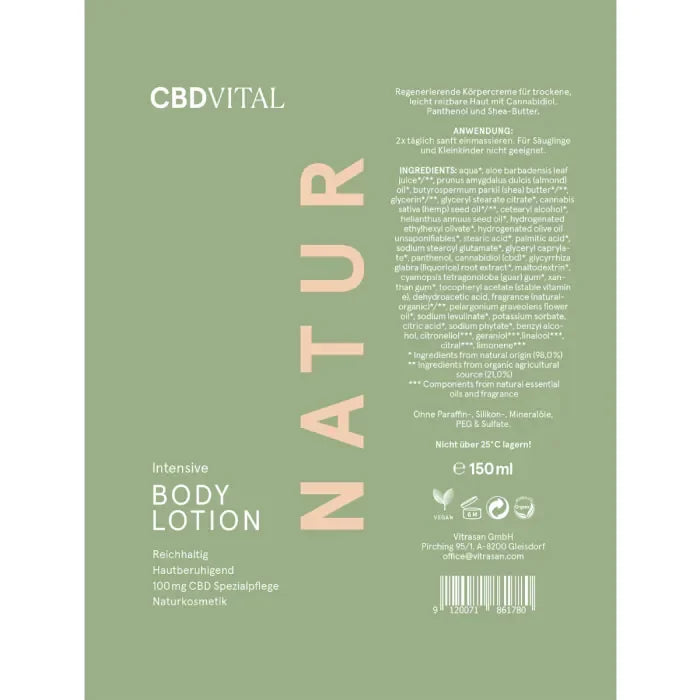 Etikett der CBD Vital CBD Bodylotion mit 150 ml Inhalt, Anwendungshinweis, Inhaltsstoffliste, Lagerhinweis und Symbolen für vegan und Naturkosmetik