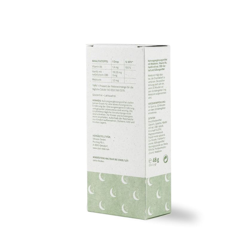 CBD Vital Schlaf Gummidrops mit 150 mg natürlichem CBD Seitliche rück Ansicht Beschreibung auf der Verpackung
