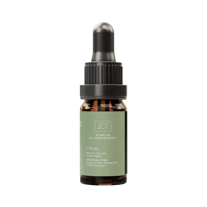 CBD Vital Naturextrakt Premium Öl 5% Etikett mit EU-Bio-Siegel und Lagerhinweis, 10-ml-Flasche