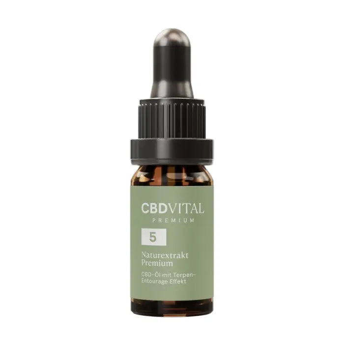 CBD Vital Naturextrakt Premium Öl 5% in brauner 10-ml-Glasflasche mit Pipette, Vorderseite