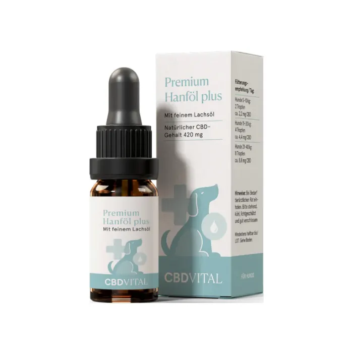 CBD Vital Premium Hanföl plus für Hunde mit Lachsöl und 420 mg CBD, 10-ml-Braunglasflasche mit Pipette neben der hellen Faltschachtel mit Hundesymbol