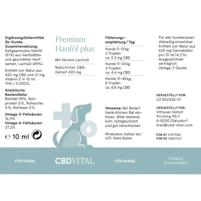Etikett des CBD Vital Premium Hanföl plus für Hunde mit Zusammensetzung, Fütterungsempfehlung, Hinweisen und Herstellerangabe