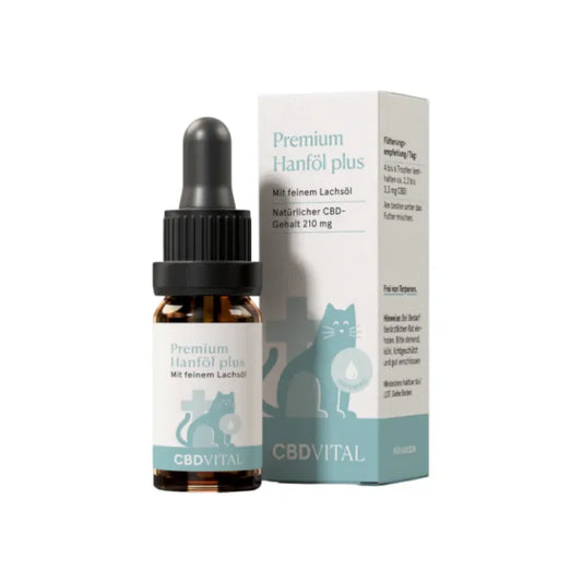 CBD Vital Premium Hanföl plus für Katzen mit Lachsöl und 210 mg CBD, 10-ml-Braunglasflasche mit Pipette neben der hellen Faltschachtel mit Katzensymbol