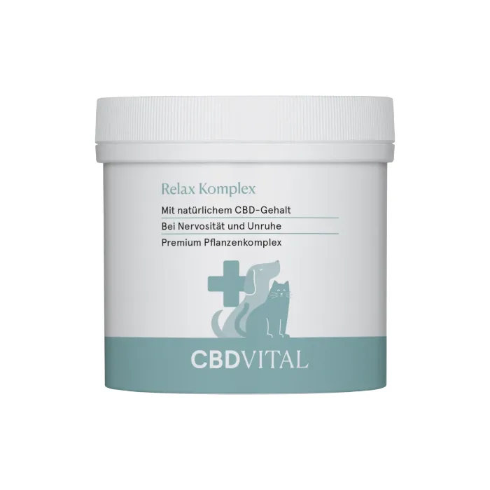 CBD Vital Relax Komplex Ergänzungsfutter für Hunde, weiße 100-g-Dose mit Pflanzenkomplex und Hunde-Katzen-Motiv