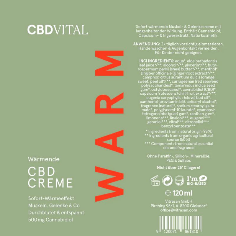 CBD VITAL wärmende CBD Creme Warm Rückseite Beschreibung des Produktes