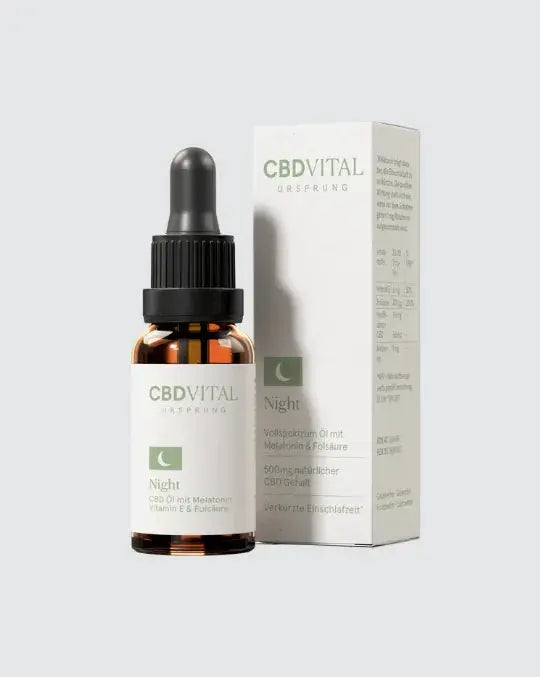 CBD VITAL Ursprung Night – Vollspektrum CBD Öl mit Melatonin, Vitamin E und Folsäure, 500 mg CBD in 20 ml Flasche