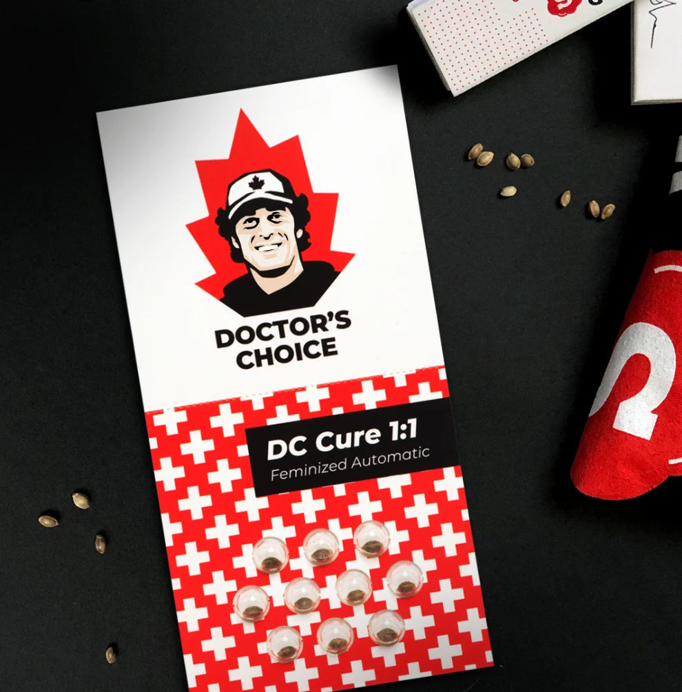 C Cure 1:1 Hanfsamen Verpackung - Doctor's Choice, Feminized Automatic, kanadisches Markendesign mit Ahornblatt-Logo