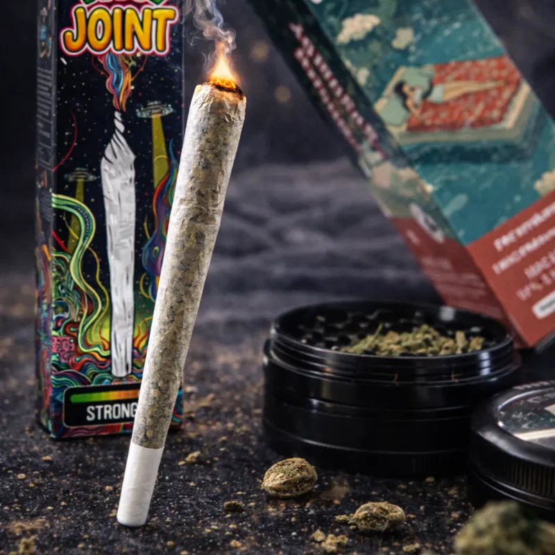 THC Joint Pre-Roll im Fokus mit offenem Grinder und Canntropy Verpackung im Hintergrund