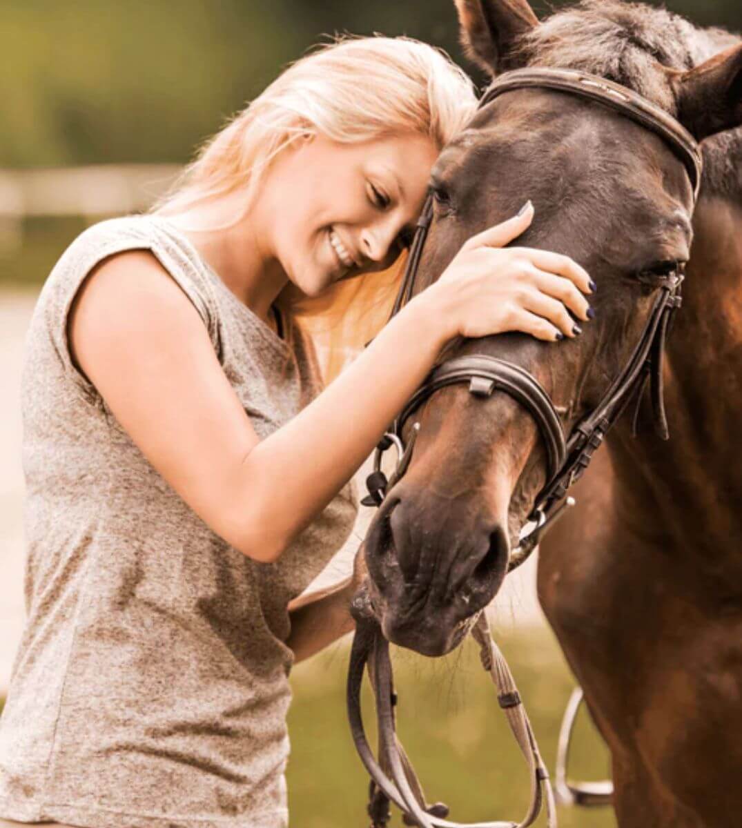 Eine glückliche blonde Frau streichelt liebevoll ihr dunkelbraunes Pferd auf einer sonnigen Weide, ein Moment der Verbindung zwischen Mensch und Tier.