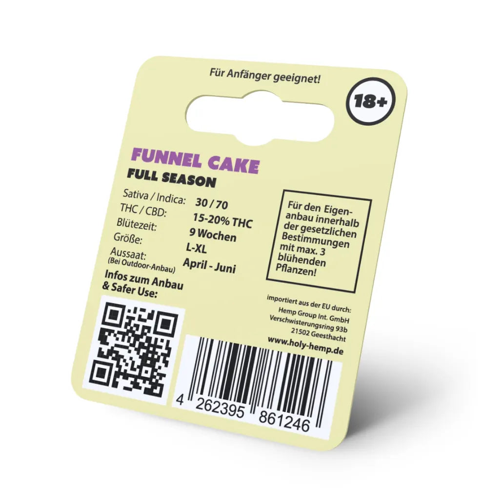 Holy Hemp Funnel Cake Feminisiert – 3 Full-Season Cannabis Samen Rückseite Verpackung Anbau Infos