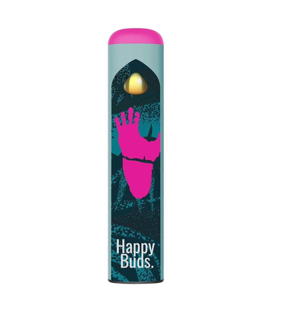 Gorilla Glue - HappyVape Vaporizer. Das Design zeigt eine Hand mit gespreizten Fingern in kräftigem Pink auf dunkelblauem Hintergrund mit spritzerartigen Texturen. Über der Hand befindet sich eine gelbe Kugel oder Kapsel, die im oberen Teil eines zylindrischen Behälters zu schweben scheint. Das Gesamtdesign ist modern und auffällig.