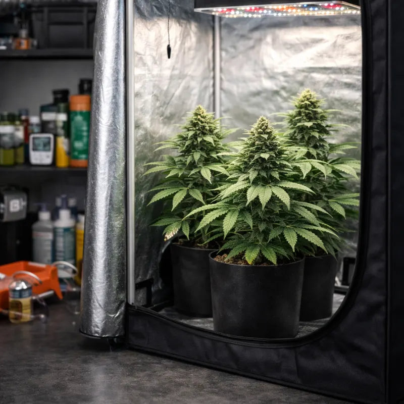Indoor Growbox mit LED Lampe und drei Cannabis Pflanzen im Topf - professionelles Homegrow Setup