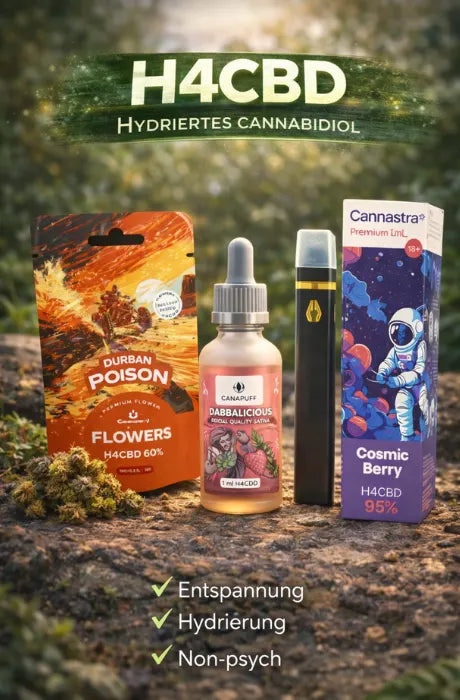 H4CBD Produkte mit Blüten, Öl und Vape Pen im Outdoor Setting – hydriertes CBD für Entspannung ohne psychoaktive Wirkung