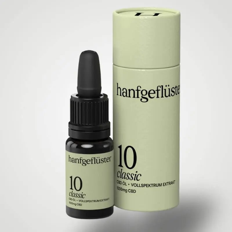 Hanfgeflüster Vollspektrum CBD Öl 10% Fläschchen mit Verpackung