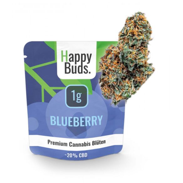 Verpackung von Happy Buds Blueberry Premium Cannabis Blüten 1 Gramm mit 20 % CBD 585 x 585 px