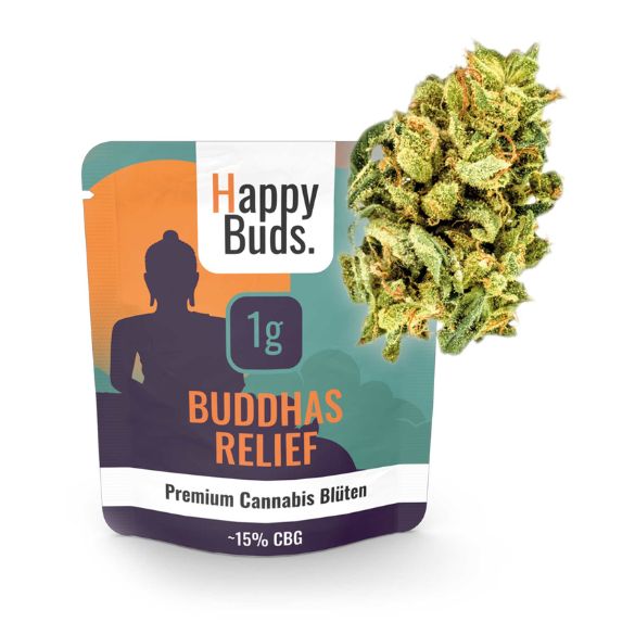 Verpackung von Happy Buds Buddhas Relie Premium Cannabis Blüten 1Gramm mit 15 % CBG 585 x 585 px