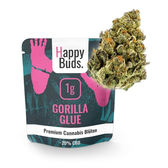 Happy Buds 1 g Verpackung mit CBD Blüte Gorilla Glue 20% CBD Blüte
