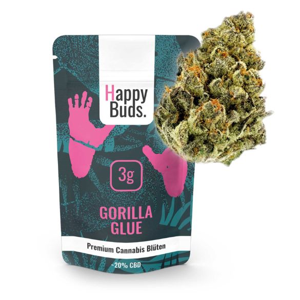 Happy Buds 3 g Verpackung mit CBD Blüte Gorilla Glue 20% CBD Cannabis Blüte