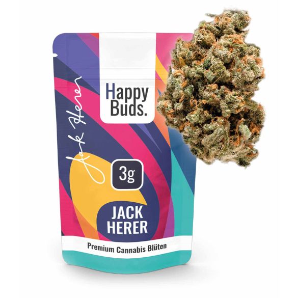 Happy Buds 3 gramm Verpackung von CBD Blüten Jack Herer Premium Blüten