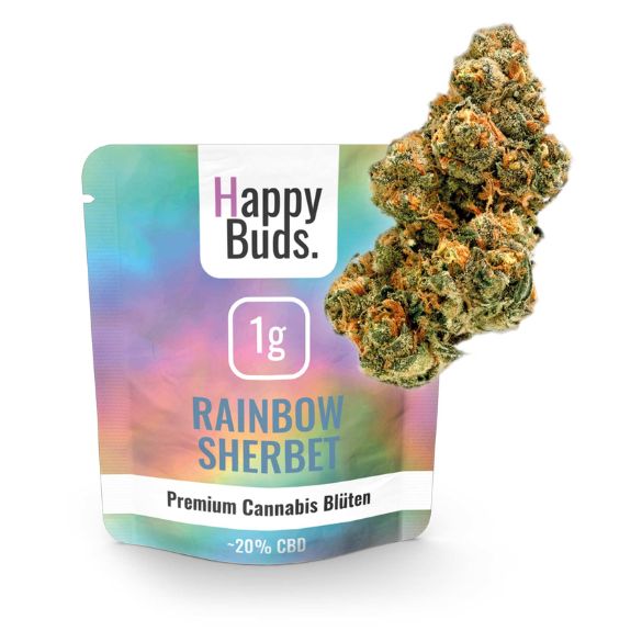 Happy Buds 1 Gramm  Rainbow Sherbet Premium CBD Blüten mit Verpackung