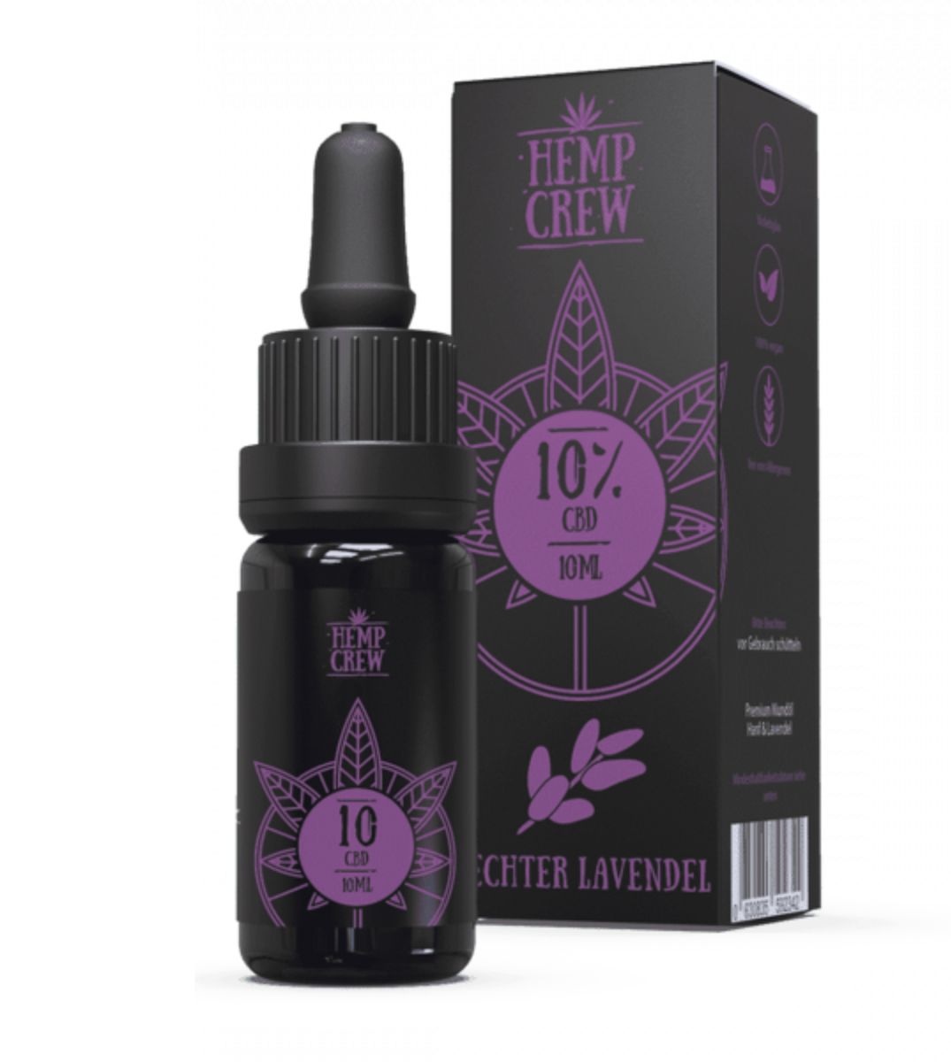 HEMP CREW 10% Echter Lavendel CBD Öl, 10ml in dunkler Glasflasche mit Pipette, Verpackung mit stilisiertem Lavendel- und Hanfblätter-Design