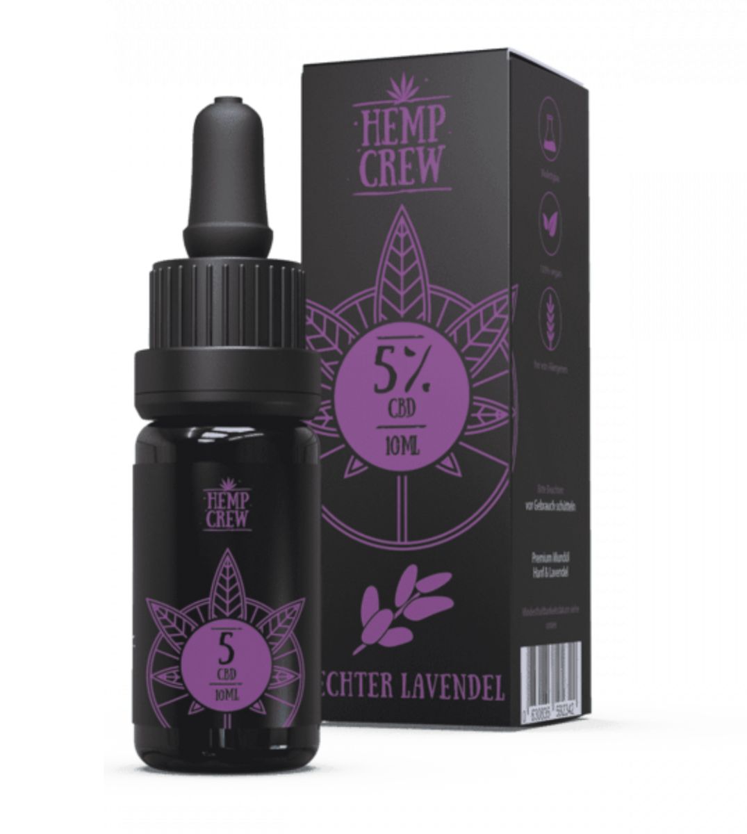 HEMP CREW 5% Echter Lavendel CBD Öl, 10ml in dunkler Glasflasche mit Pipette, Verpackung mit Lavendelblüten-Design