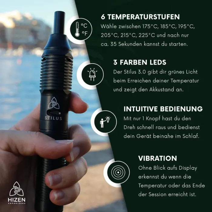 Hizen Stilus Mini in der Hand mit Infografik zu 6 Temperaturstufen, 3-Farben-LED, 1-Knopf-Bedienung und Vibration